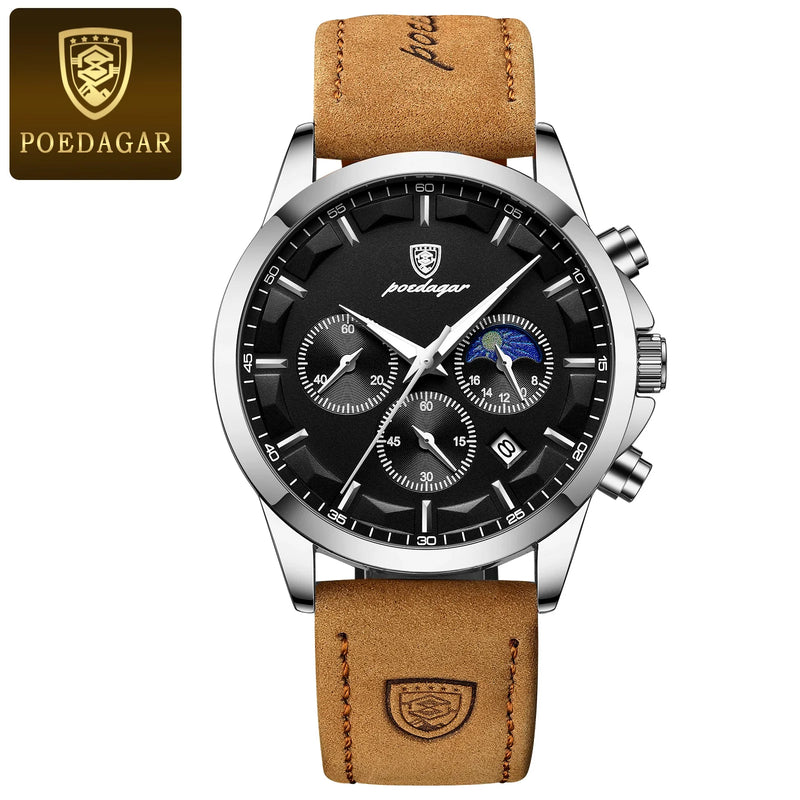Poedagar luxo homem relógio de pulso esportes couro masculino relógio quartzo à prova dwaterproof água calendário luminoso cronógrafo