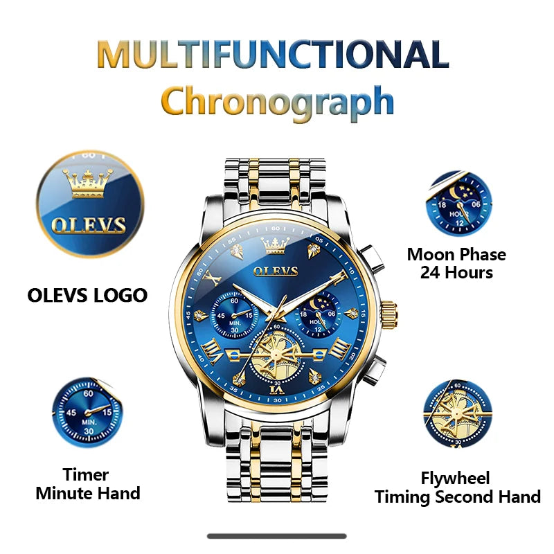 Olevs relógios masculinos clássico multifuncional fltwheel cronógrafo original relógio de pulso de quartzo fase da lua 24 horas à prova dwaterproof água