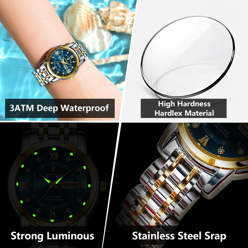 Poedagar relógio de pulso feminino luxo quartzo senhoras relógio à prova dwaterproof água aço inoxidável
