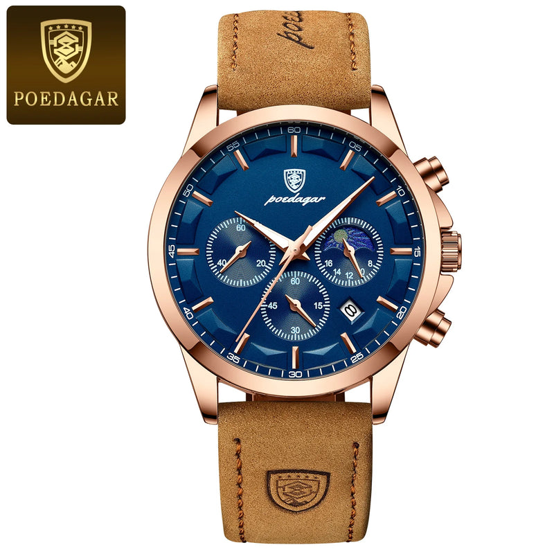 Poedagar luxo homem relógio de pulso esportes couro masculino relógio quartzo à prova dwaterproof água calendário luminoso cronógrafo
