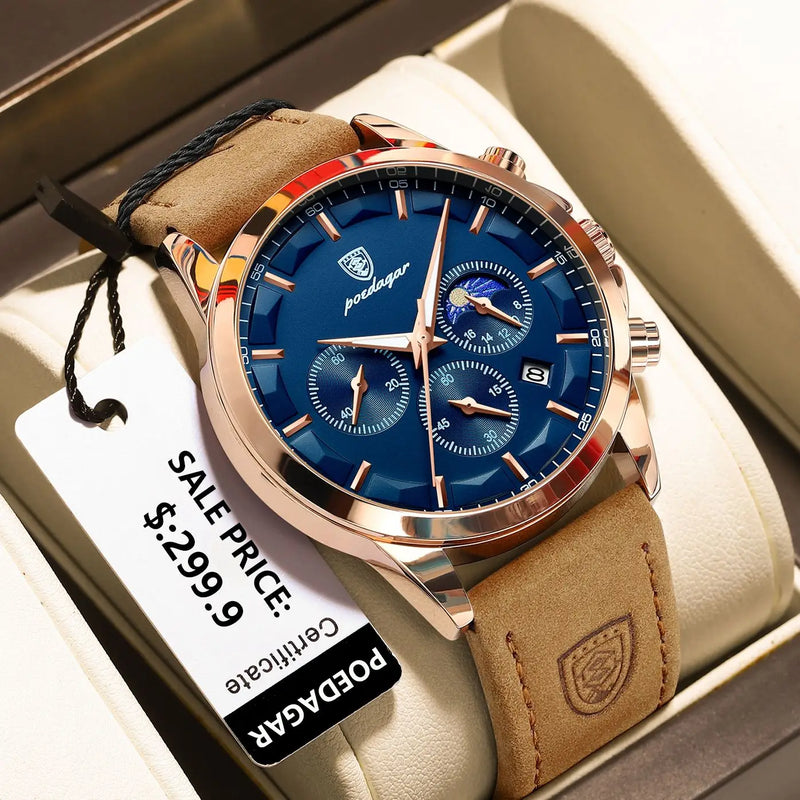 Poedagar luxo homem relógio de pulso esportes couro masculino relógio quartzo à prova dwaterproof água calendário luminoso cronógrafo