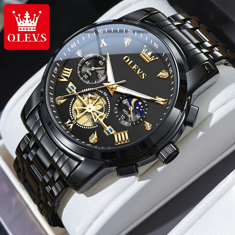 Olevs relógios masculinos clássico multifuncional fltwheel cronógrafo original relógio de pulso de quartzo fase da lua 24 horas à prova dwaterproof água