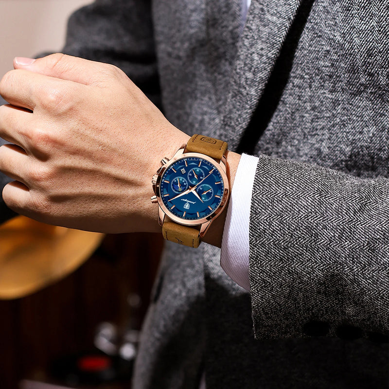 Poedagar luxo homem relógio de pulso esportes couro masculino relógio quartzo à prova dwaterproof água calendário luminoso cronógrafo