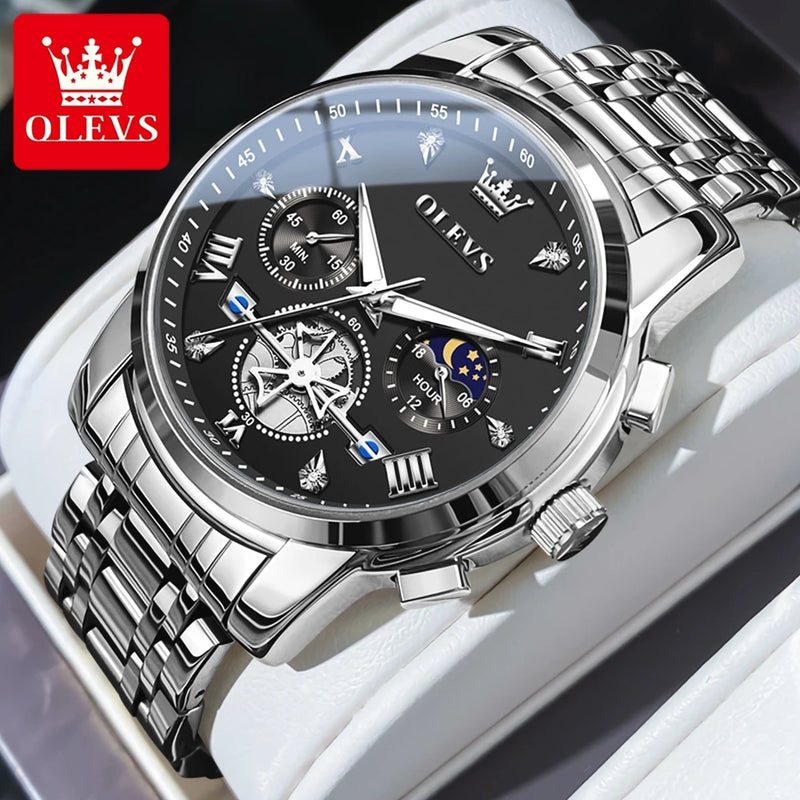 Olevs relógios masculinos clássico multifuncional fltwheel cronógrafo original relógio de pulso de quartzo fase da lua 24 horas à prova dwaterproof água
