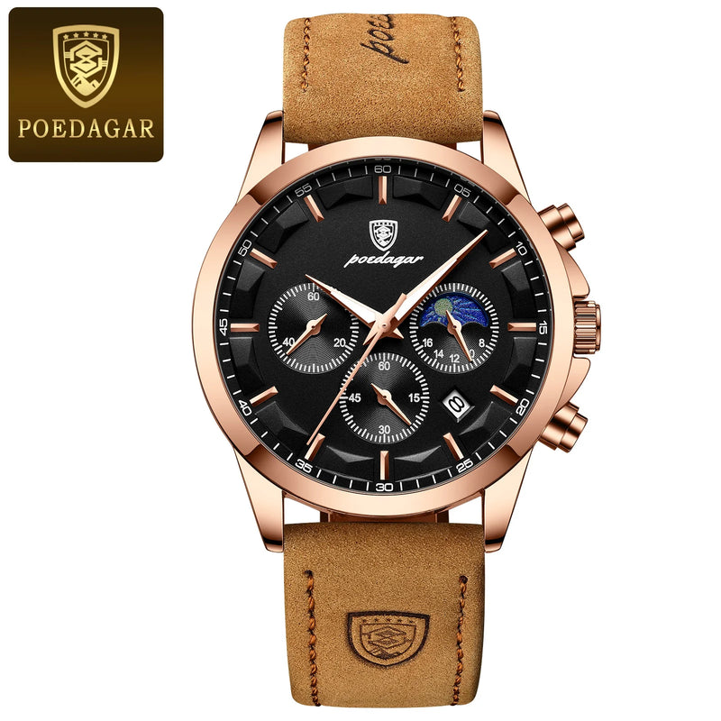 Poedagar luxo homem relógio de pulso esportes couro masculino relógio quartzo à prova dwaterproof água calendário luminoso cronógrafo