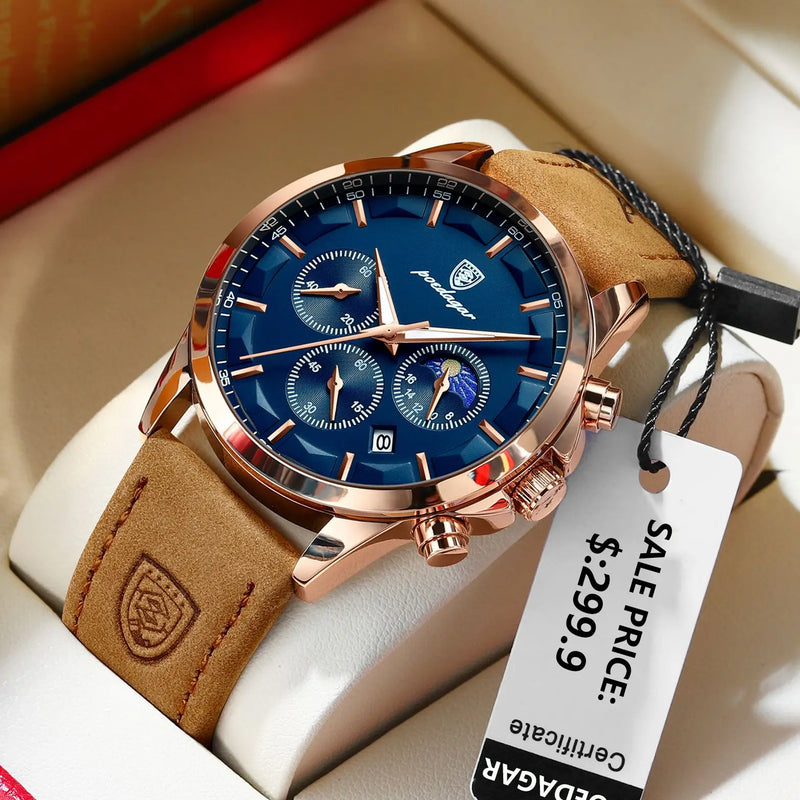 Poedagar luxo homem relógio de pulso esportes couro masculino relógio quartzo à prova dwaterproof água calendário luminoso cronógrafo