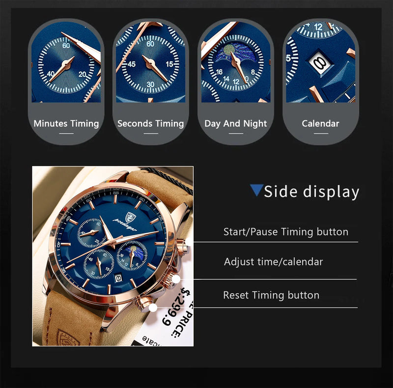 Poedagar luxo homem relógio de pulso esportes couro masculino relógio quartzo à prova dwaterproof água calendário luminoso cronógrafo
