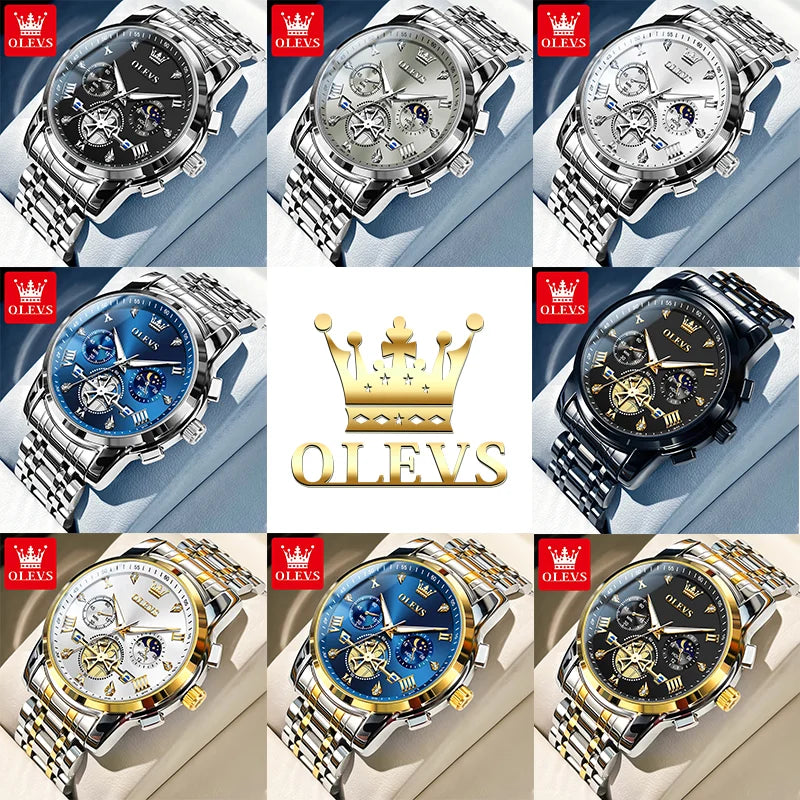Olevs relógios masculinos clássico multifuncional fltwheel cronógrafo original relógio de pulso de quartzo fase da lua 24 horas à prova dwaterproof água