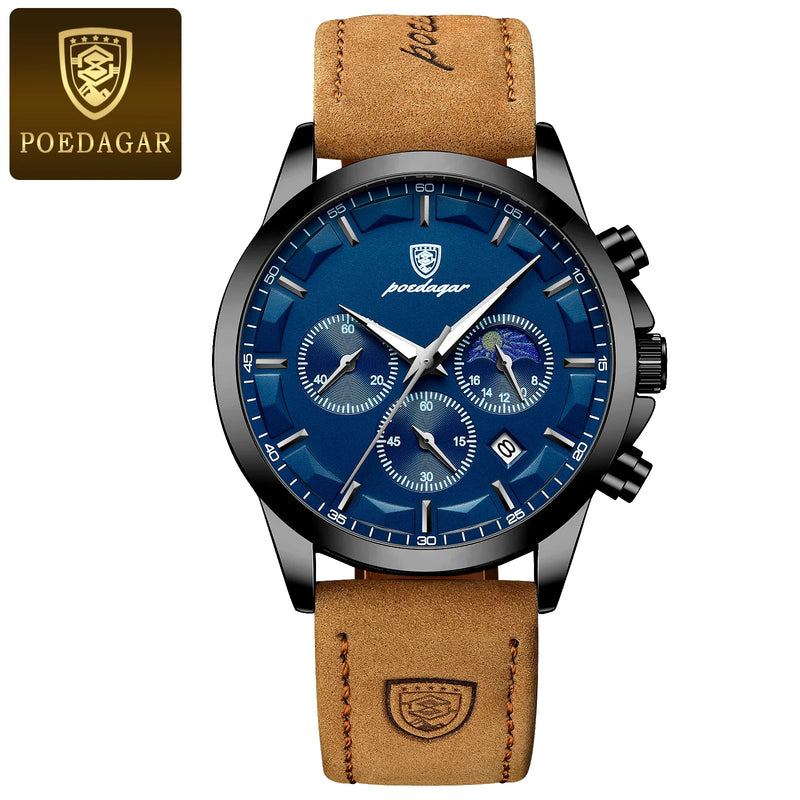 Poedagar luxo homem relógio de pulso esportes couro masculino relógio quartzo à prova dwaterproof água calendário luminoso cronógrafo