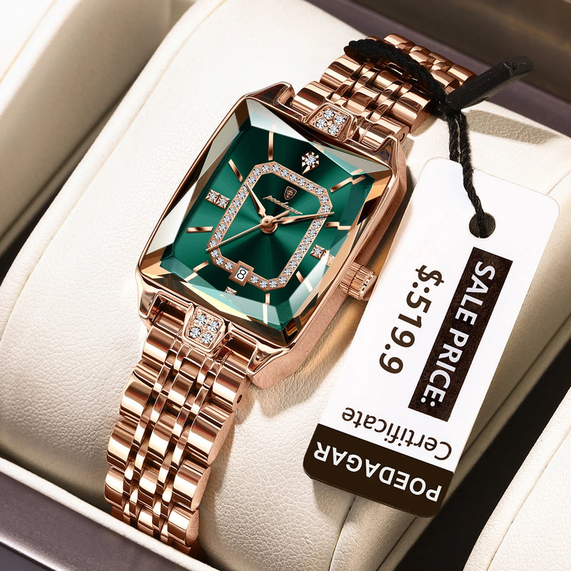 Poedagar topo elegante feminino relógio de pulso à prova dwaterproof água data senhoras relógio retângulo aço inoxidável quartzo relógios