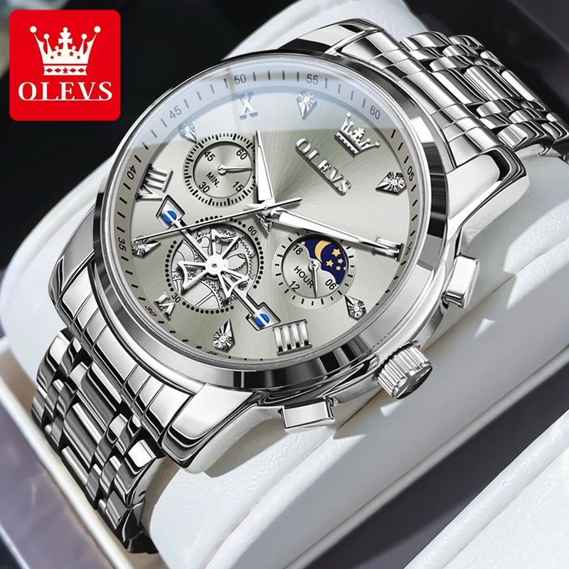 Olevs relógios masculinos clássico multifuncional fltwheel cronógrafo original relógio de pulso de quartzo fase da lua 24 horas à prova dwaterproof água