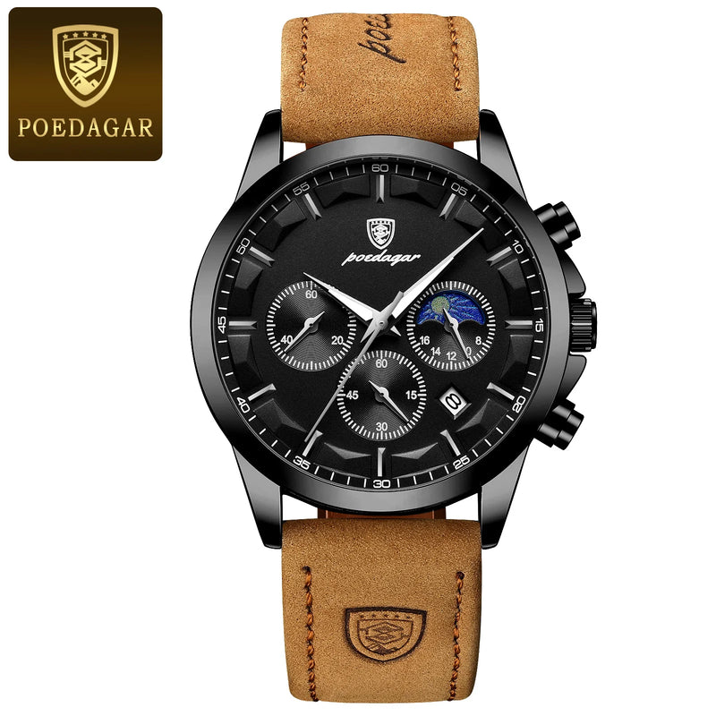 Poedagar luxo homem relógio de pulso esportes couro masculino relógio quartzo à prova dwaterproof água calendário luminoso cronógrafo