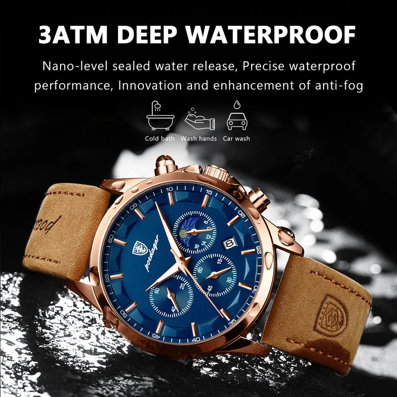 Poedagar luxo homem relógio de pulso esportes couro masculino relógio quartzo à prova dwaterproof água calendário luminoso cronógrafo