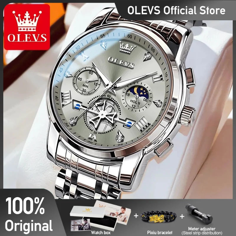 Olevs relógios masculinos clássico multifuncional fltwheel cronógrafo original relógio de pulso de quartzo fase da lua 24 horas à prova dwaterproof água