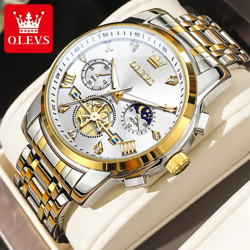 Olevs relógios masculinos clássico multifuncional fltwheel cronógrafo original relógio de pulso de quartzo fase da lua 24 horas à prova dwaterproof água