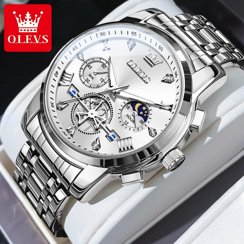 Olevs relógios masculinos clássico multifuncional fltwheel cronógrafo original relógio de pulso de quartzo fase da lua 24 horas à prova dwaterproof água
