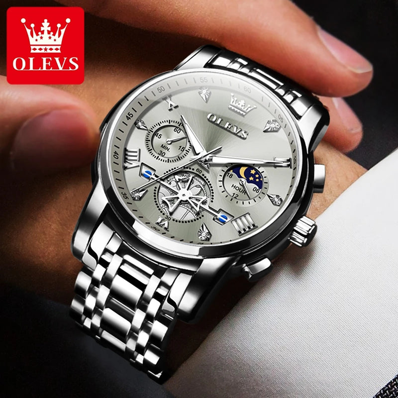 Olevs relógios masculinos clássico multifuncional fltwheel cronógrafo original relógio de pulso de quartzo fase da lua 24 horas à prova dwaterproof água